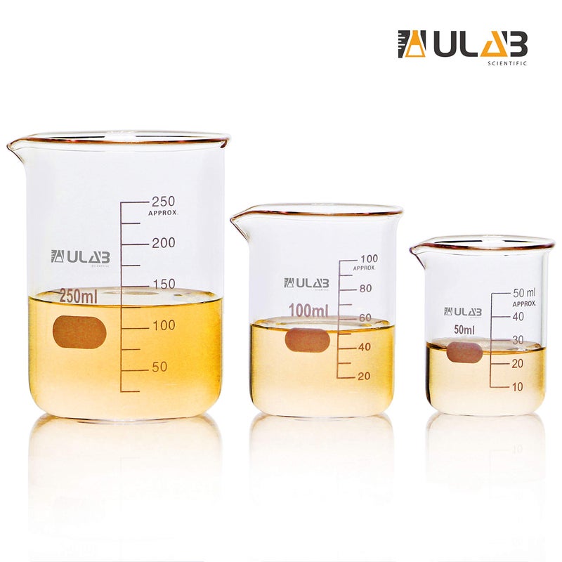 ULAB Scientific Glass Beaker Set, 3 Sizes 50ml 100ml 250ml, 3.3 Boro Griffin Low Form with Printed Graduation, UBG1001 - Image 2